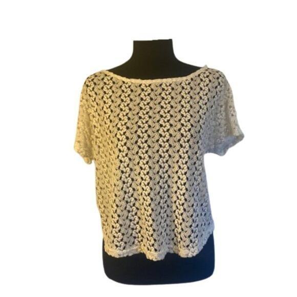 White Open Knit Short Sleeve Crew Neck Blouse Top S/M - Picture 1 of 5